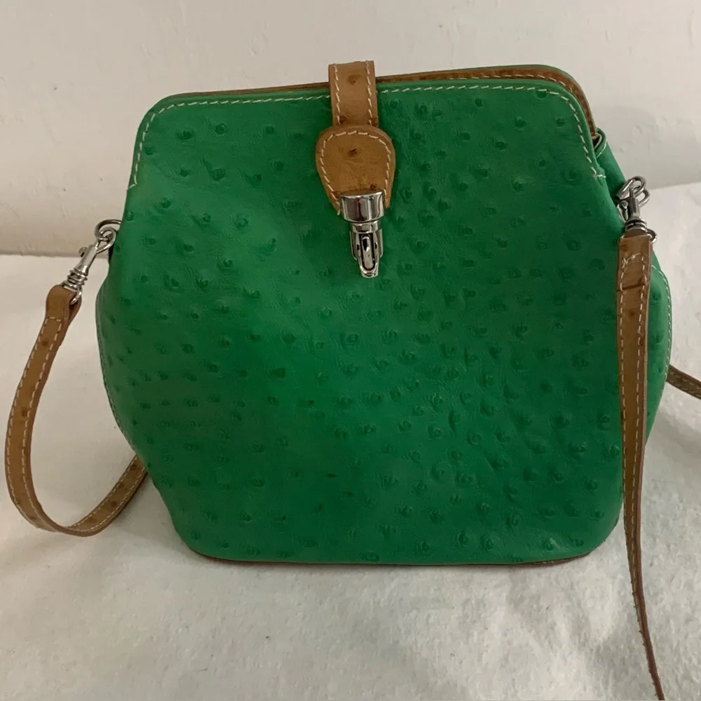 Genuine Italian OSTRITCH Embossed Leather Crossbody Bag Womens Green Purse - Picture 11 of 13